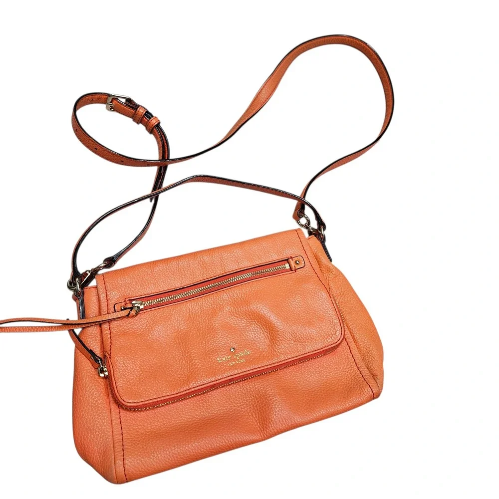 Kate Spade Pebbled Leather Crossbody Bag Coral Orange Flap Zip‎ Pocket Bright